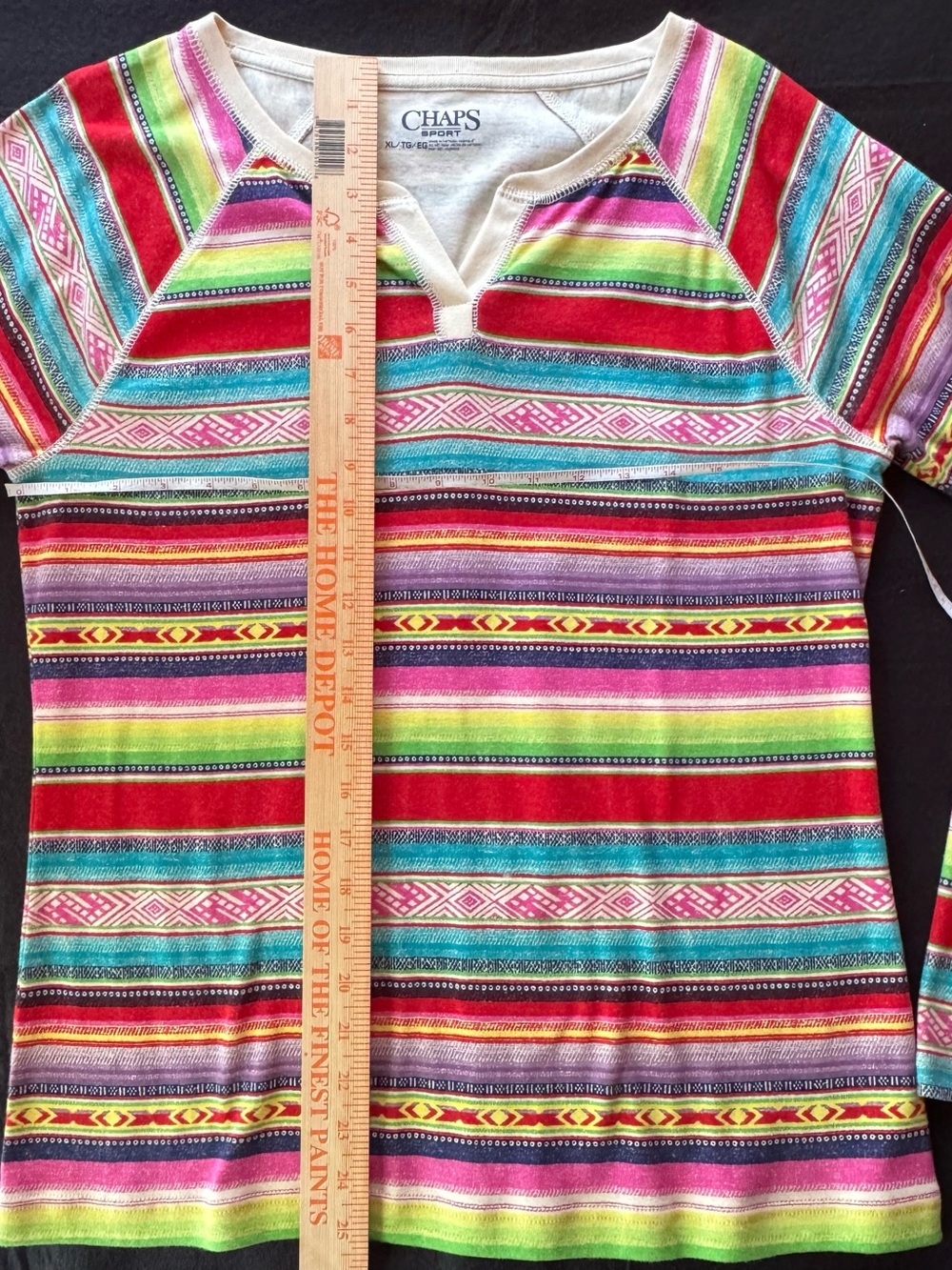 Chaps Red Multi-Stripe Notch-Neck Long Sleeve Top western - Picture 4 of 8